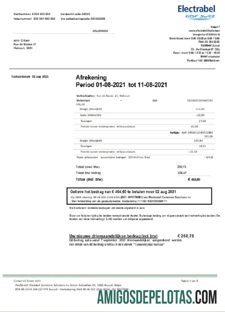 Para baixar modelo de conta de serviços públicos de eletricidade da Bélgica Electrabel, totalmente editável em formato Word e PDF